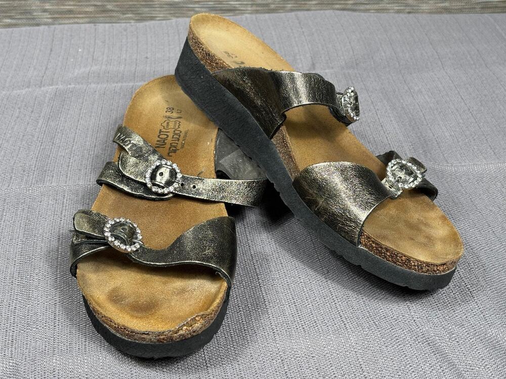 Naot Sandals Shoes Womens Size 7 EU 38 Silver Leather Wedge Slide Rhinestone